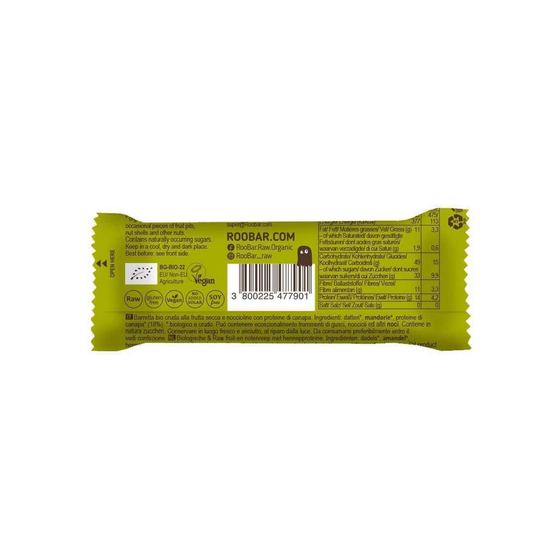 Barre protéinée au chanvre, bio, Roobar, 30 g