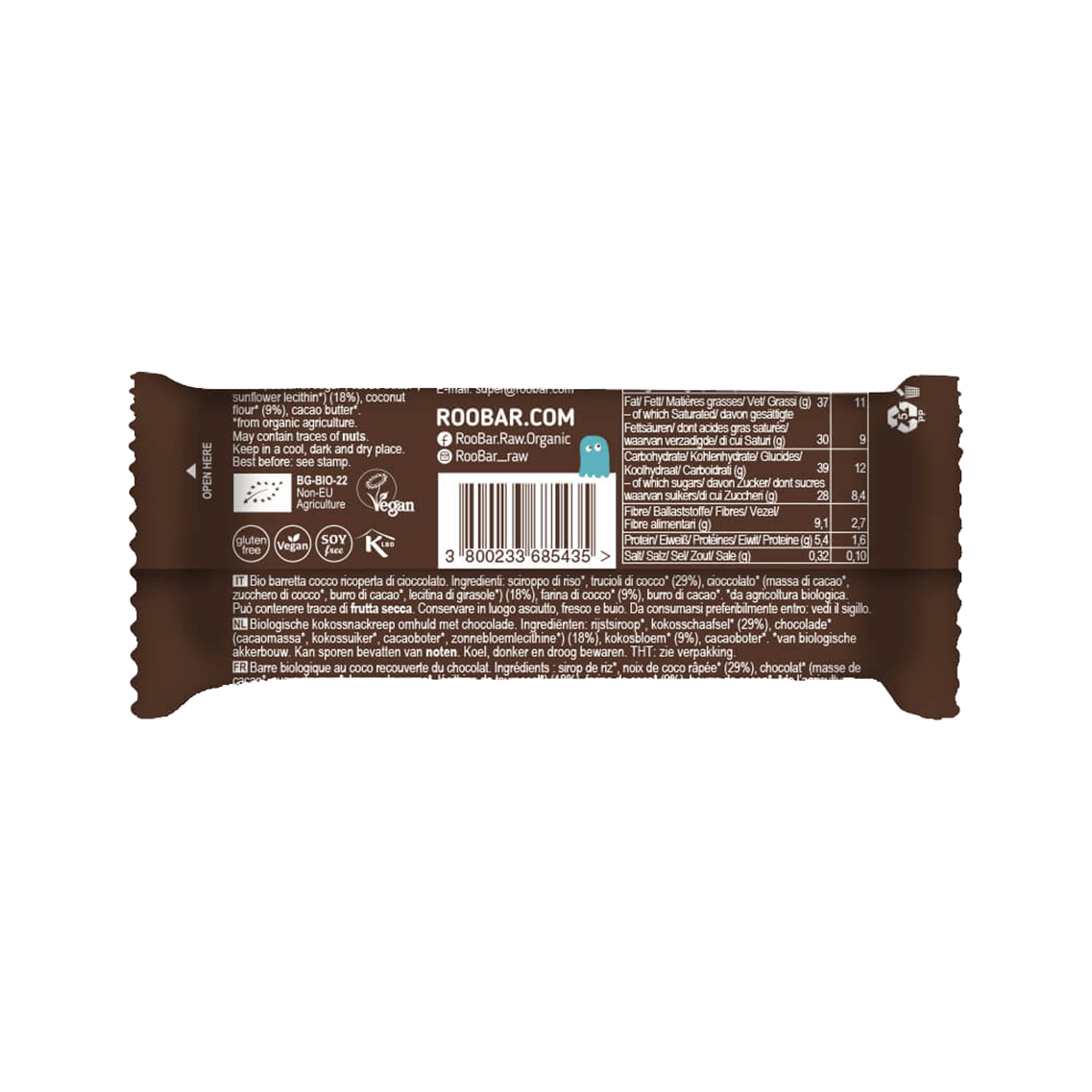 Coconut Bar recouvert de chocolat, organic, Roobar, 30g