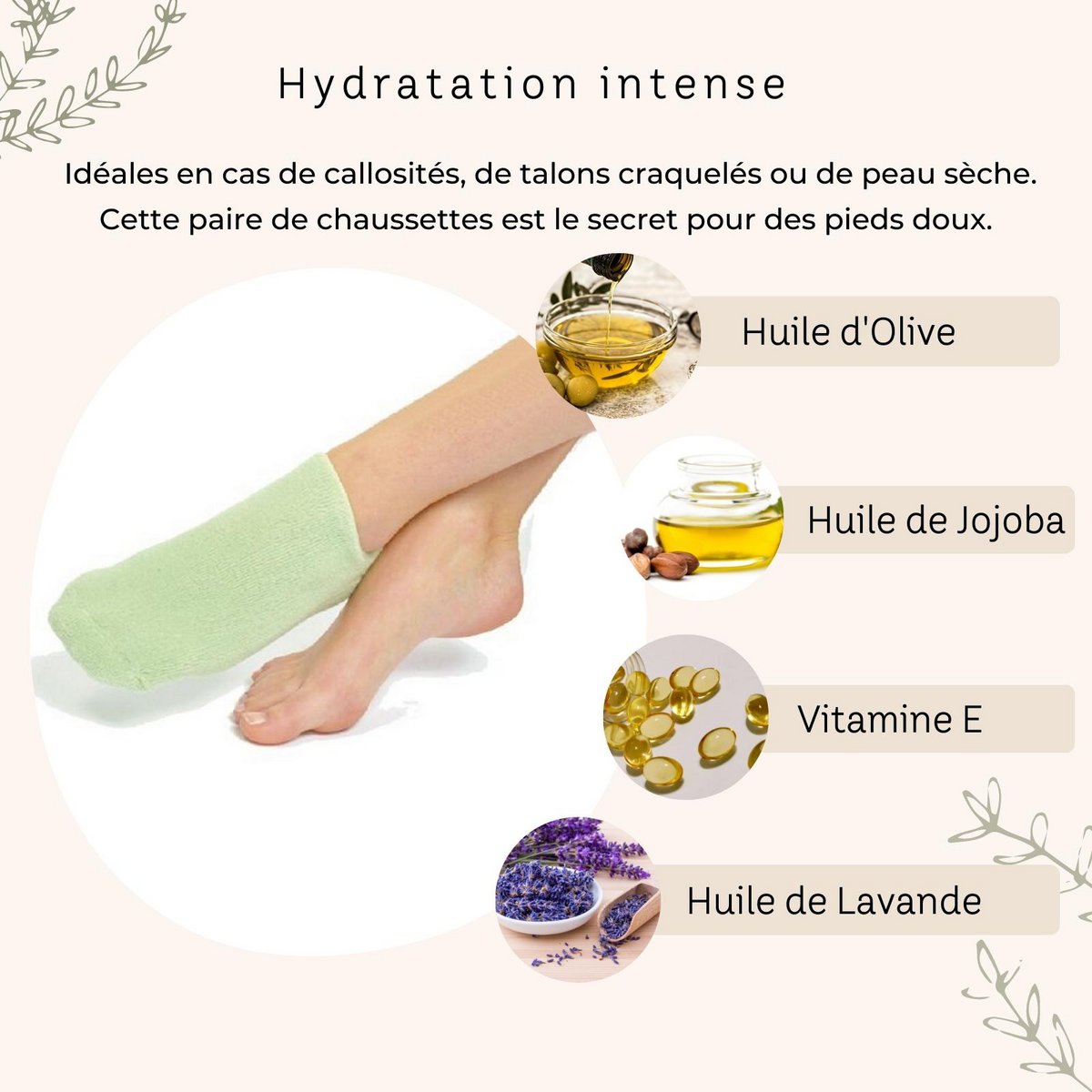 Chaussettes Vertes SPA Hydratantes - Gel aux Huiles de Jojoba et d’Olive, Vitamine E et Lavande - Contre les Pieds Secs et Craquelés, Redonne Douceur et Souplesse aux Pieds