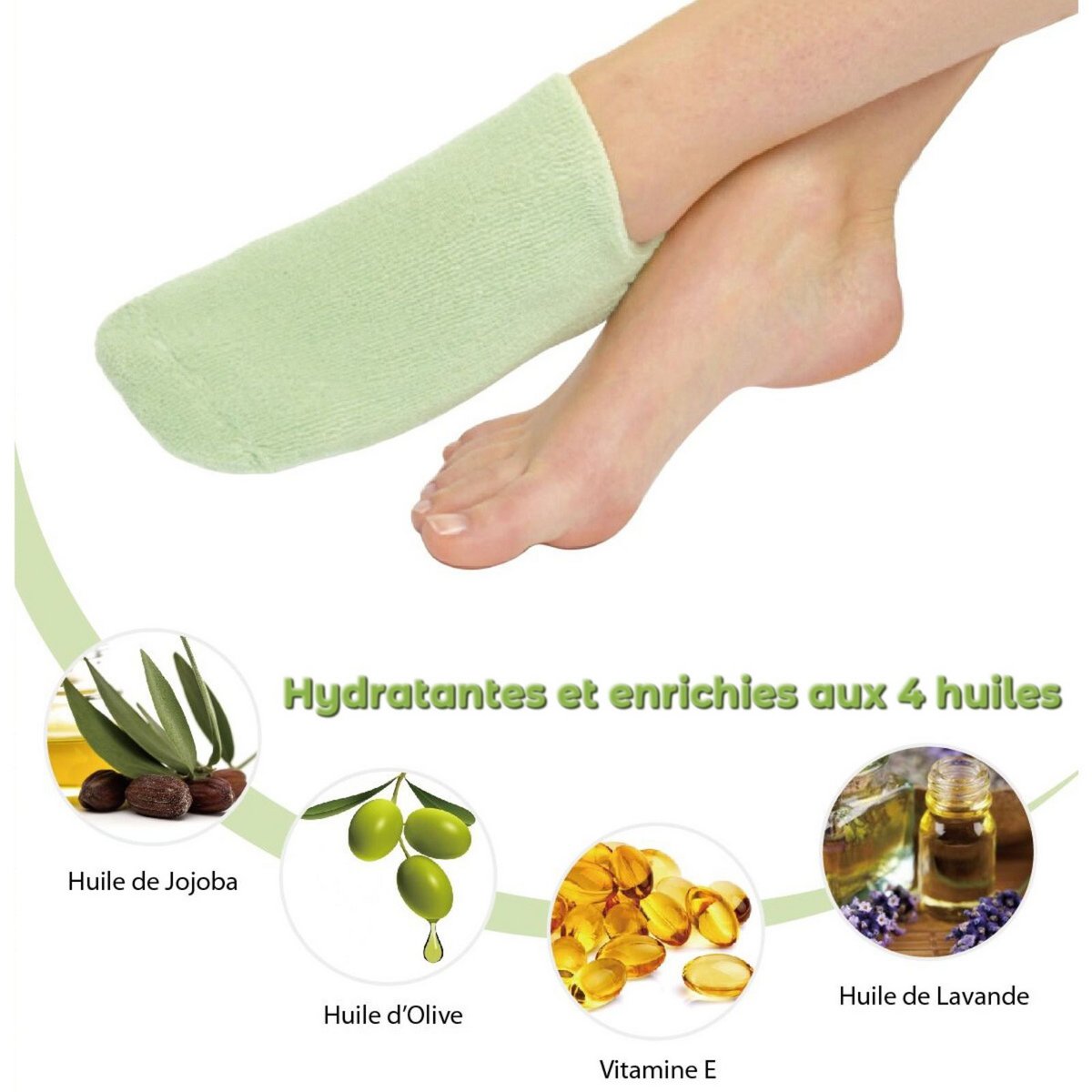 Chaussettes Vertes SPA Hydratantes - Gel aux Huiles de Jojoba et d’Olive, Vitamine E et Lavande - Contre les Pieds Secs et Craquelés, Redonne Douceur et Souplesse aux Pieds