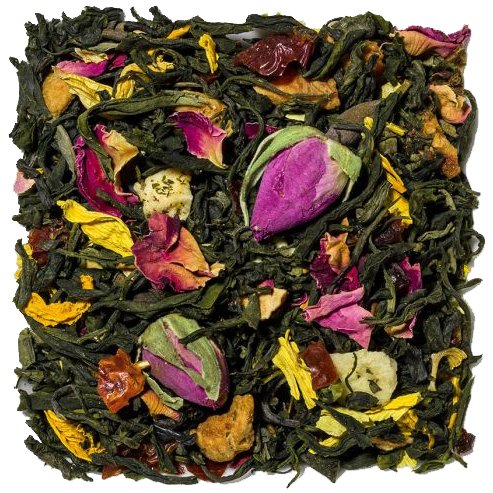 Un thé vert morceaux de pêche, des écorces d'églantier, des pétales de rose et de tournesol