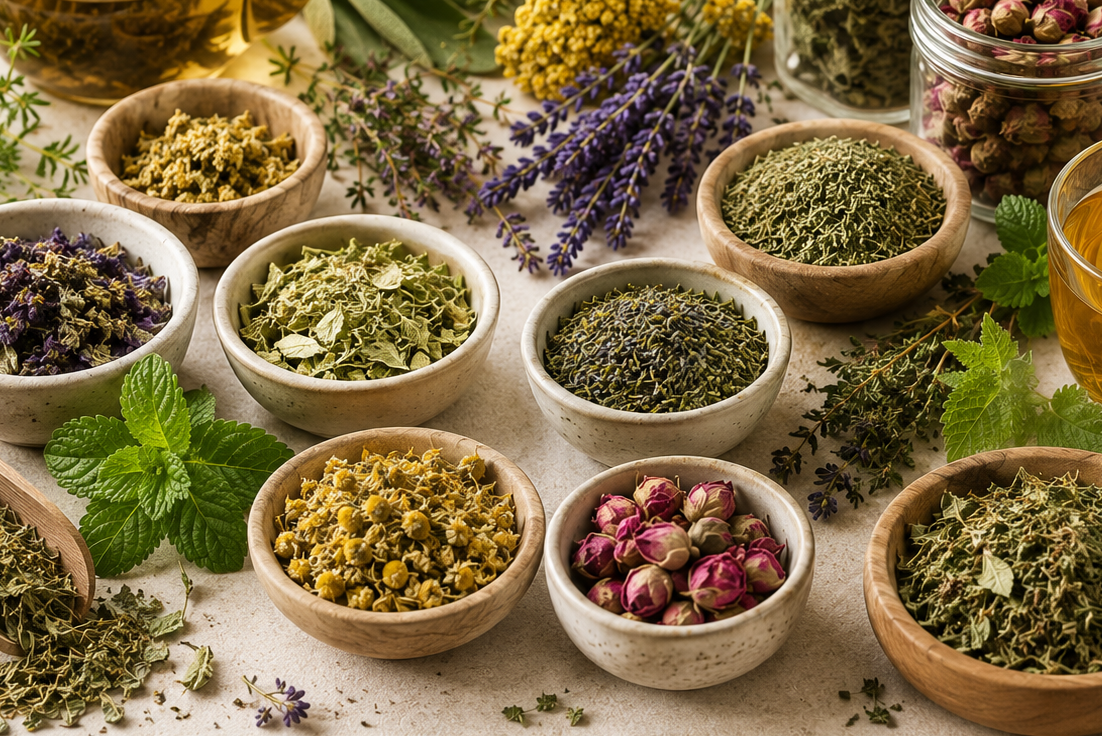 Sélection de tisanes bio, infusions et plantes d'herboristerie dans des bols en céramique avec des plantes aromatiques fraîches.