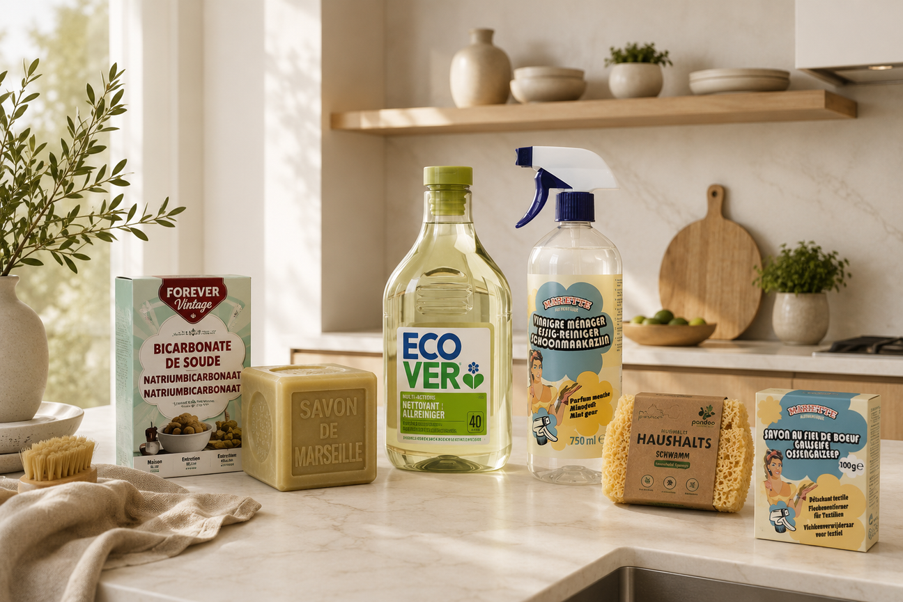 Sélection de produits naturels pour une maison saine dans une cuisine moderne et lumineuse