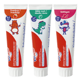 Dentifrice pour les enfants trois tubes : framboise, menthe et bubblegum