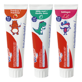 Dentifrice pour les enfants trois tubes : framboise, menthe et bubblegum