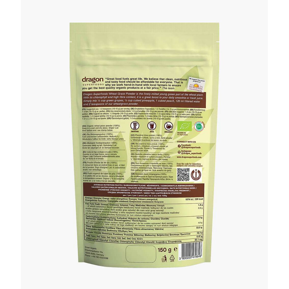 Poudre d'herbe de blé, bio, Dragon Superfoods, 150 g