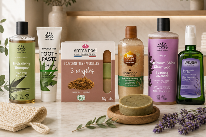Produits de beauté naturelle bio : shampoing, dentifrice, savon et huile de soin sur un plan de travail lumineux.