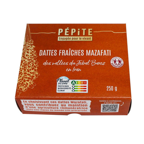 Dattes fraîches Mazafati Bio 250 g d'Iran dans leur emballage, dattes moelleuses issues de l'agriculture biologique.