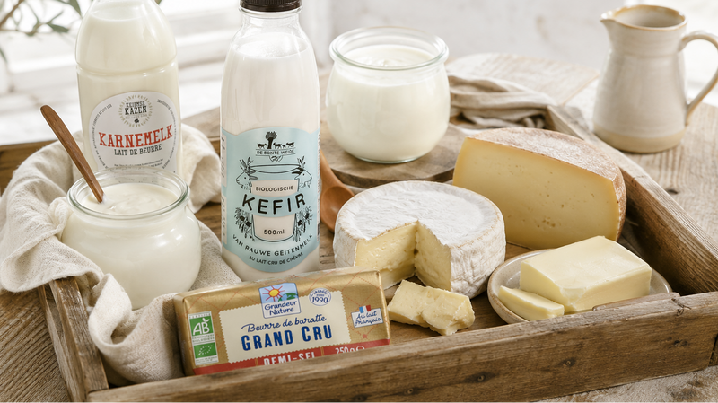 Kéfir, yaourts, beurre au lait cru et fromages artisanaux soigneusement sélectionnés par Holistibel.