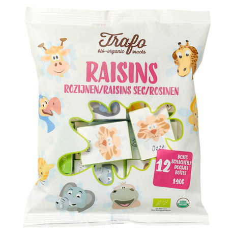 Raisins secs bio Trafo en 12 mini-boîtes individuelles pour enfants et collations.