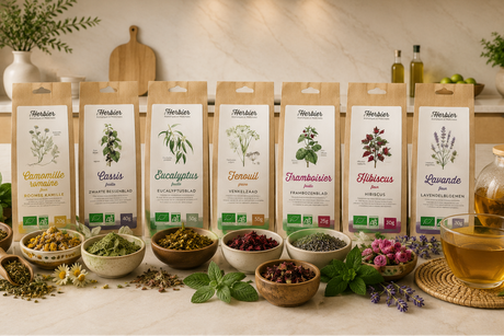 Sélection de tisanes bio et plantes d'herboristerie avec camomille, cassis, eucalyptus, fenouil, framboisier, hibiscus et lavande dans une cuisine lumineuse.