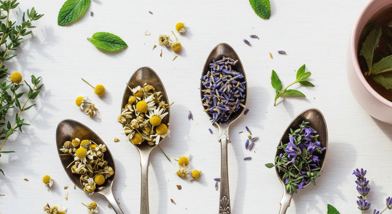 Sélection de tisanes et d'infusions naturelles avec camomille, menthe, lavande et plantes d'herboristerie.